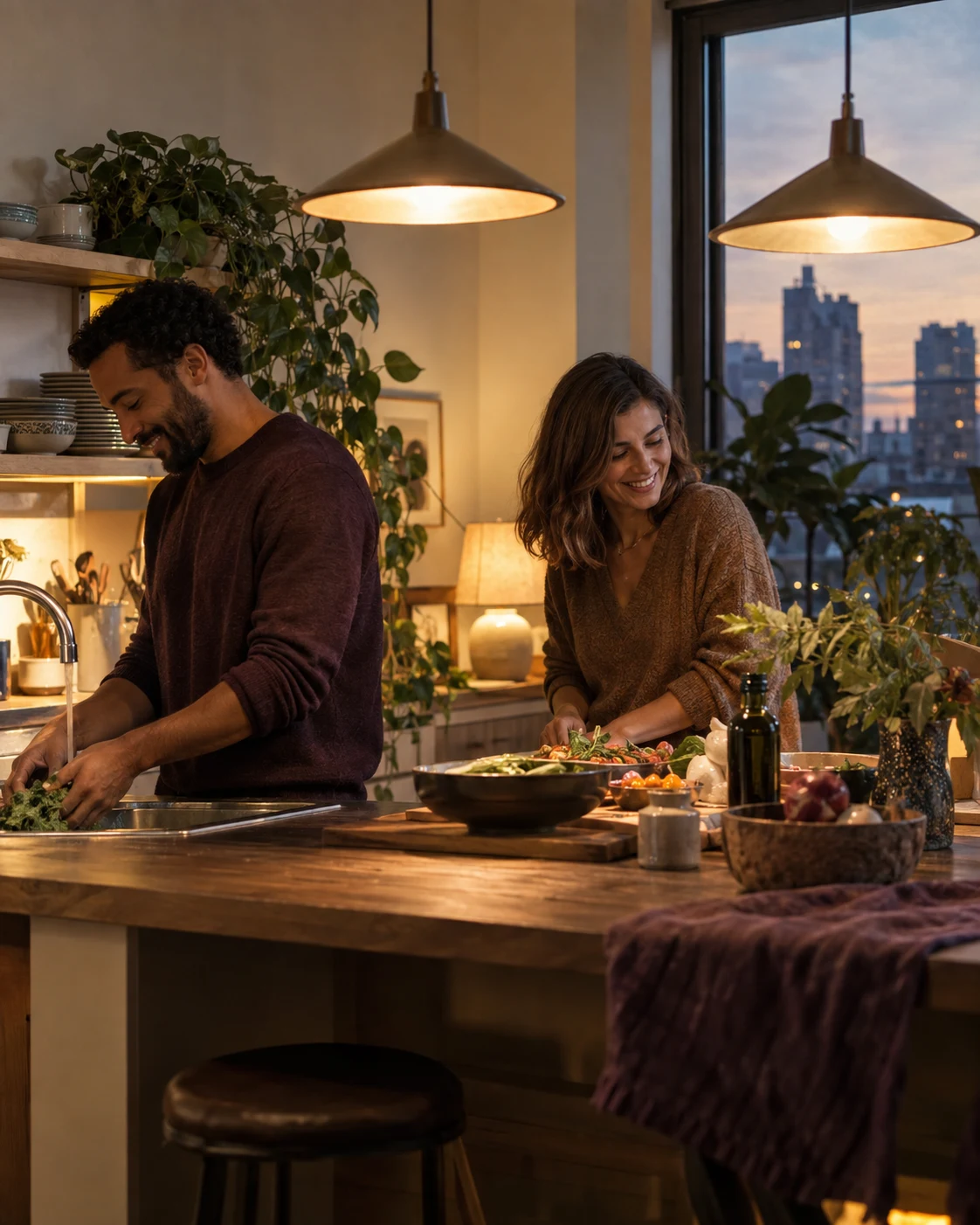 Two people preparing dinner in a warmly lit kitchen as dusk falls outside.