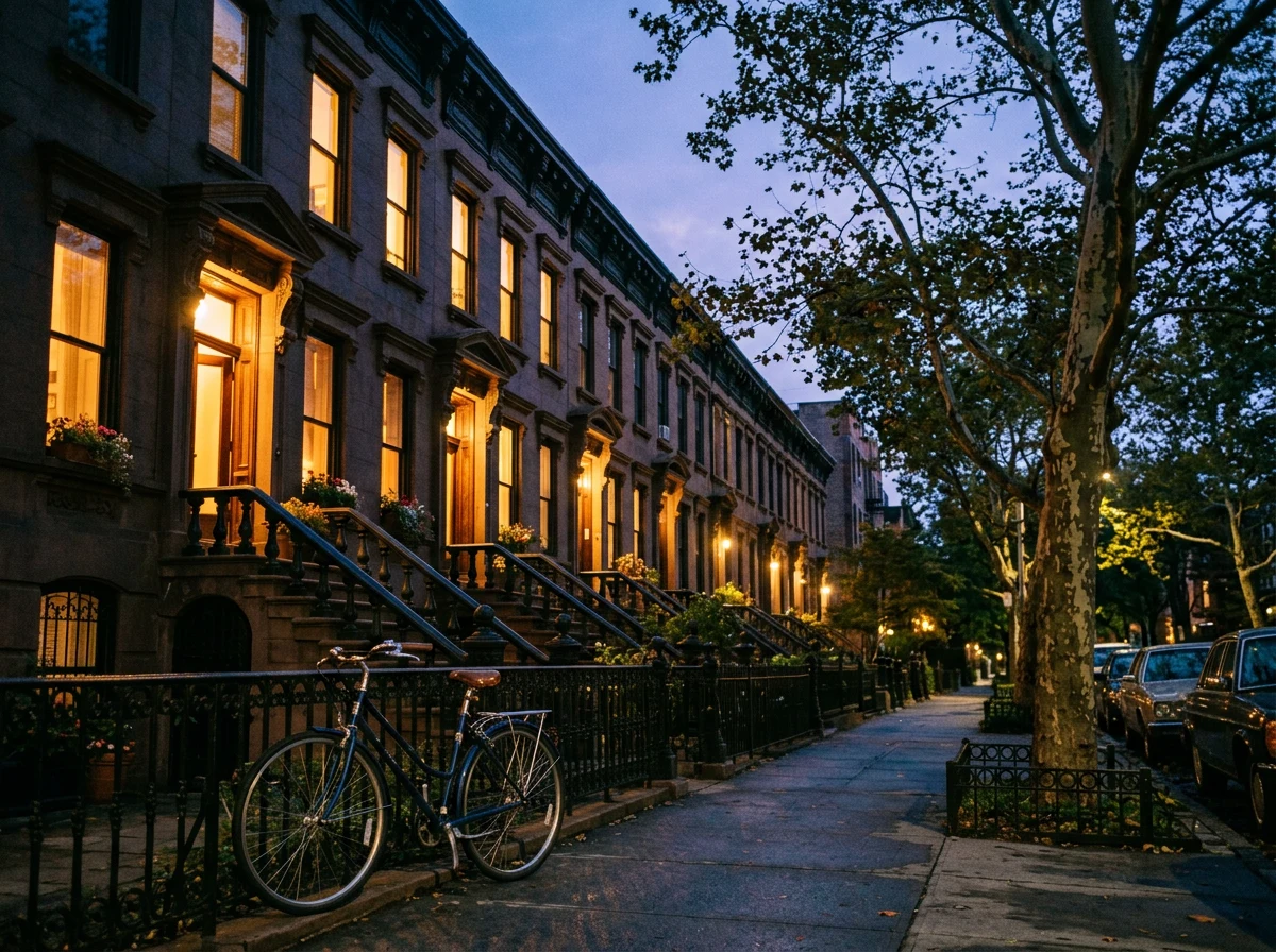 Warm windows lighting a tree-lined neighborhood at dusk.